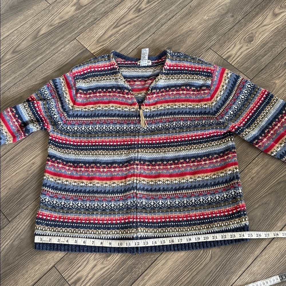 Tiara  vintage hand knit Women Multicolor Knit Sweater with suede leather trim